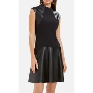 NATORI  SZ 14 1X plus black faux leather cap sleeve A-line dress NEW  B92